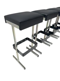 Four Mid-Century Modern Bar Stools with Black Leather Seats, 1970s